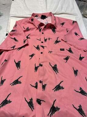 B Fresh Sassy Cat Print Short Sleeve Button-Up Shirt